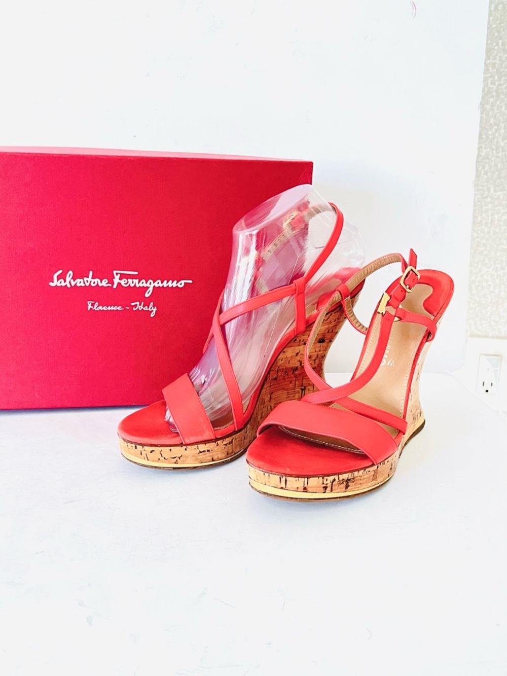 Ferragamo orange coral  leather and suede wedge sandals 7.5